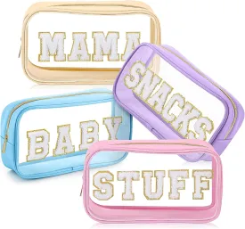 4 Pcs Mama and Baby Toiletry Bag Clear Chenille Letter Pouch Snacks Makeup Stuff Travel Diaper Bag Preppy Transparent Pouch with Zipper for Women Gift(Macarons Color)