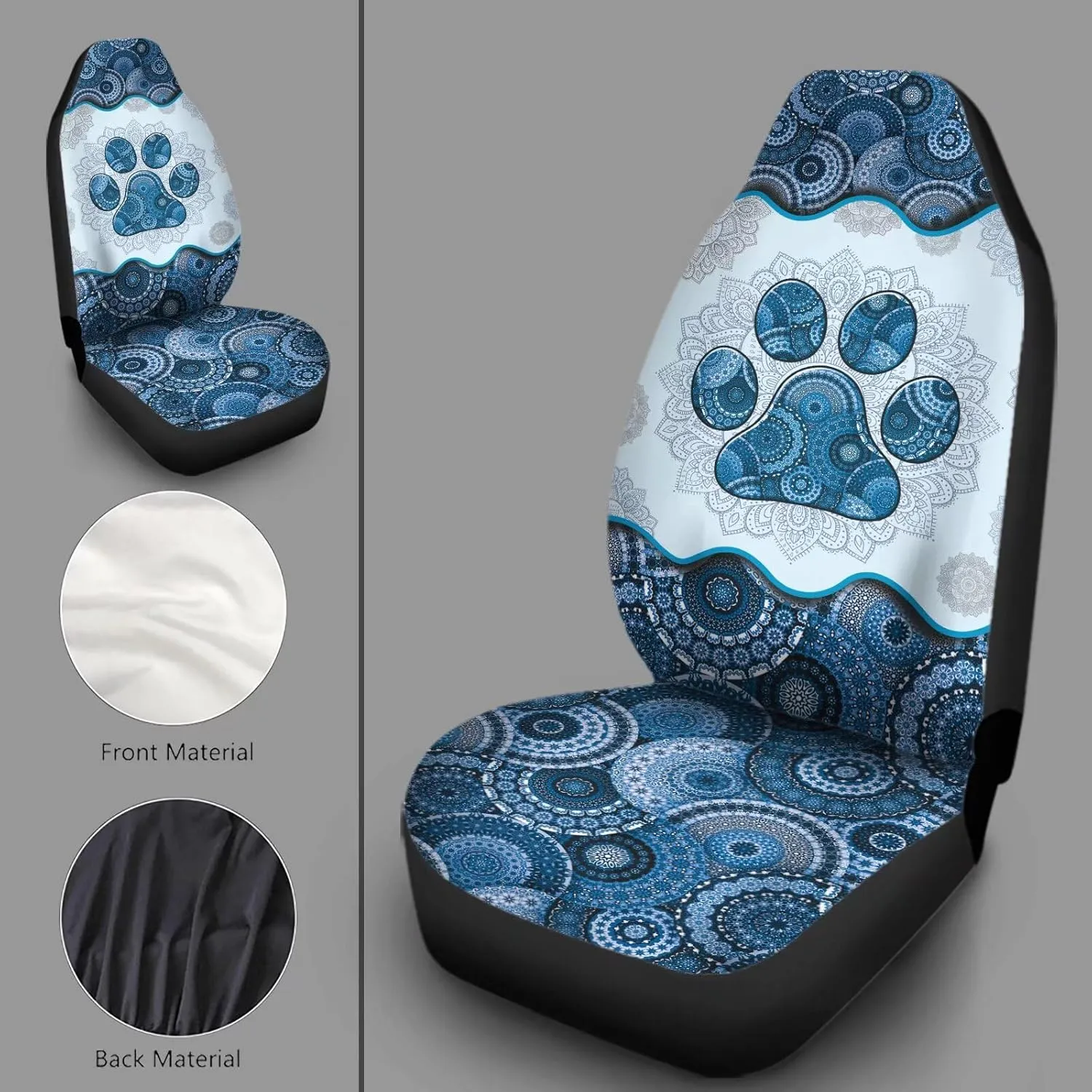 Automotive Interior Accessories 2 Pack, Blue Boho Mandala Dog Paw Pattern Thin Breathable Front Seat Cover Fit for Most Car Sedan SUV