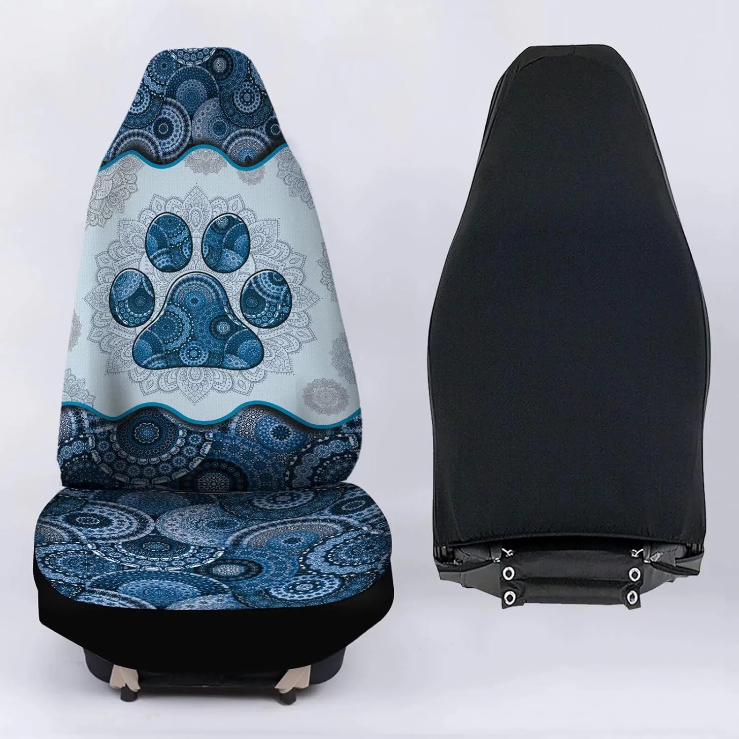 Automotive Interior Accessories 2 Pack, Blue Boho Mandala Dog Paw Pattern Thin Breathable Front Seat Cover Fit for Most Car Sedan SUV
