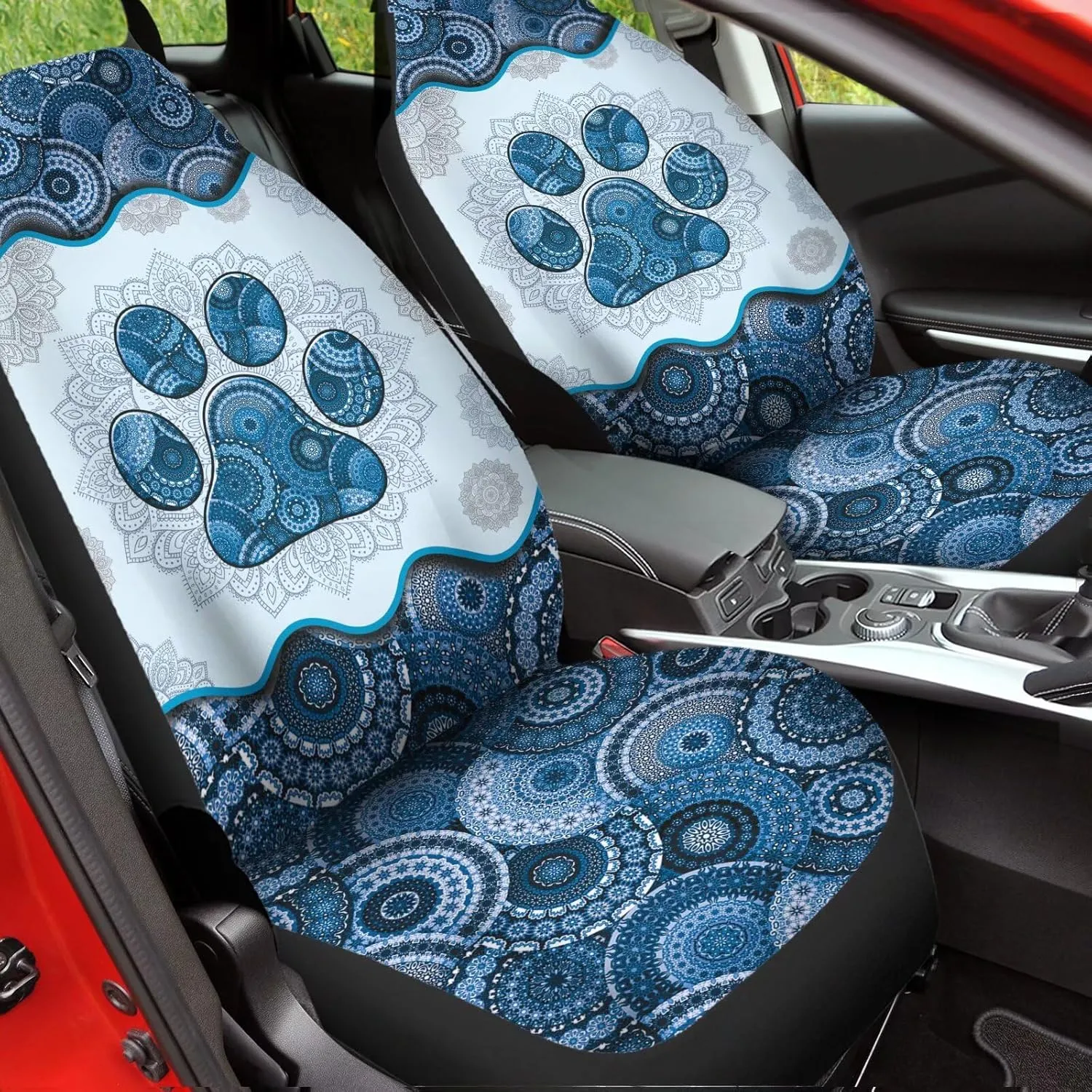Automotive Interior Accessories 2 Pack, Blue Boho Mandala Dog Paw Pattern Thin Breathable Front Seat Cover Fit for Most Car Sedan SUV