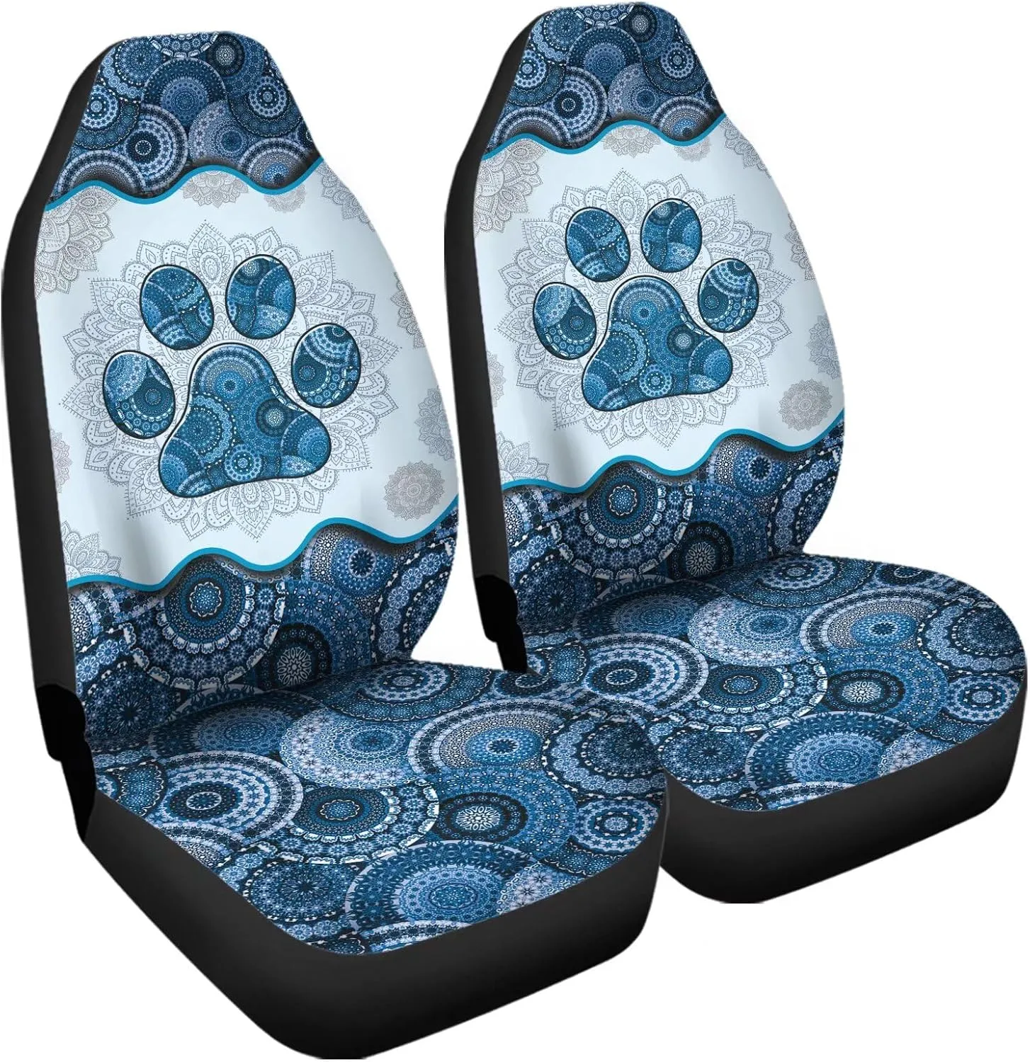 Automotive Interior Accessories 2 Pack, Blue Boho Mandala Dog Paw Pattern Thin Breathable Front Seat Cover Fit for Most Car Sedan SUV