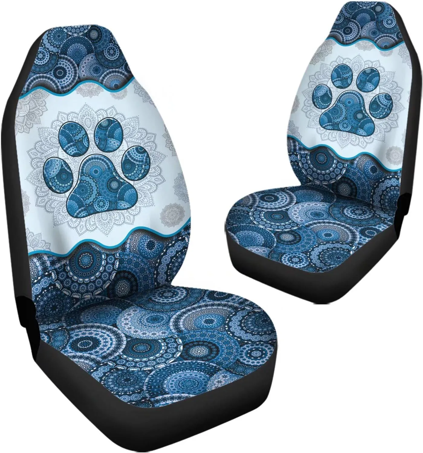 Automotive Interior Accessories 2 Pack, Blue Boho Mandala Dog Paw Pattern Thin Breathable Front Seat Cover Fit for Most Car Sedan SUV