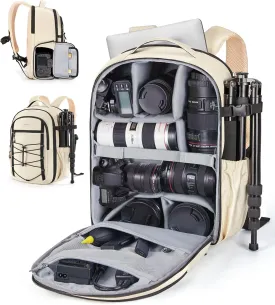 BAGSMART Professional Camera Backpack for DSLRs, Protective Camera Bag with Tripod Holder, Rain Cover & 17" Laptop Compartment, Drone Backpack, Beige