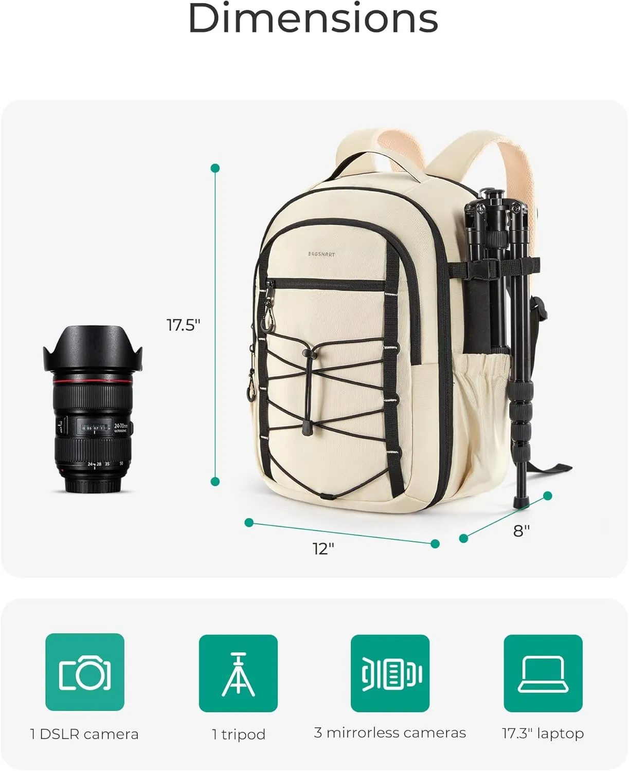 BAGSMART Professional Camera Backpack for DSLRs, Protective Camera Bag with Tripod Holder, Rain Cover & 17" Laptop Compartment, Drone Backpack, Beige
