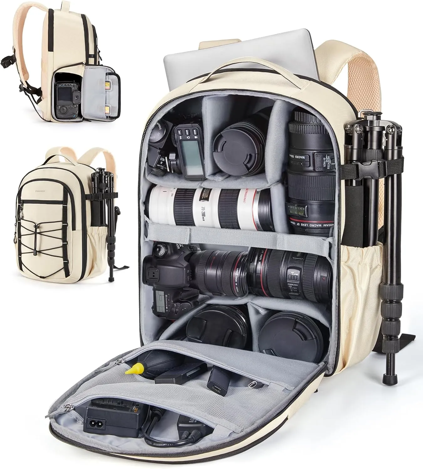 BAGSMART Professional Camera Backpack for DSLRs, Protective Camera Bag with Tripod Holder, Rain Cover & 17" Laptop Compartment, Drone Backpack, Beige