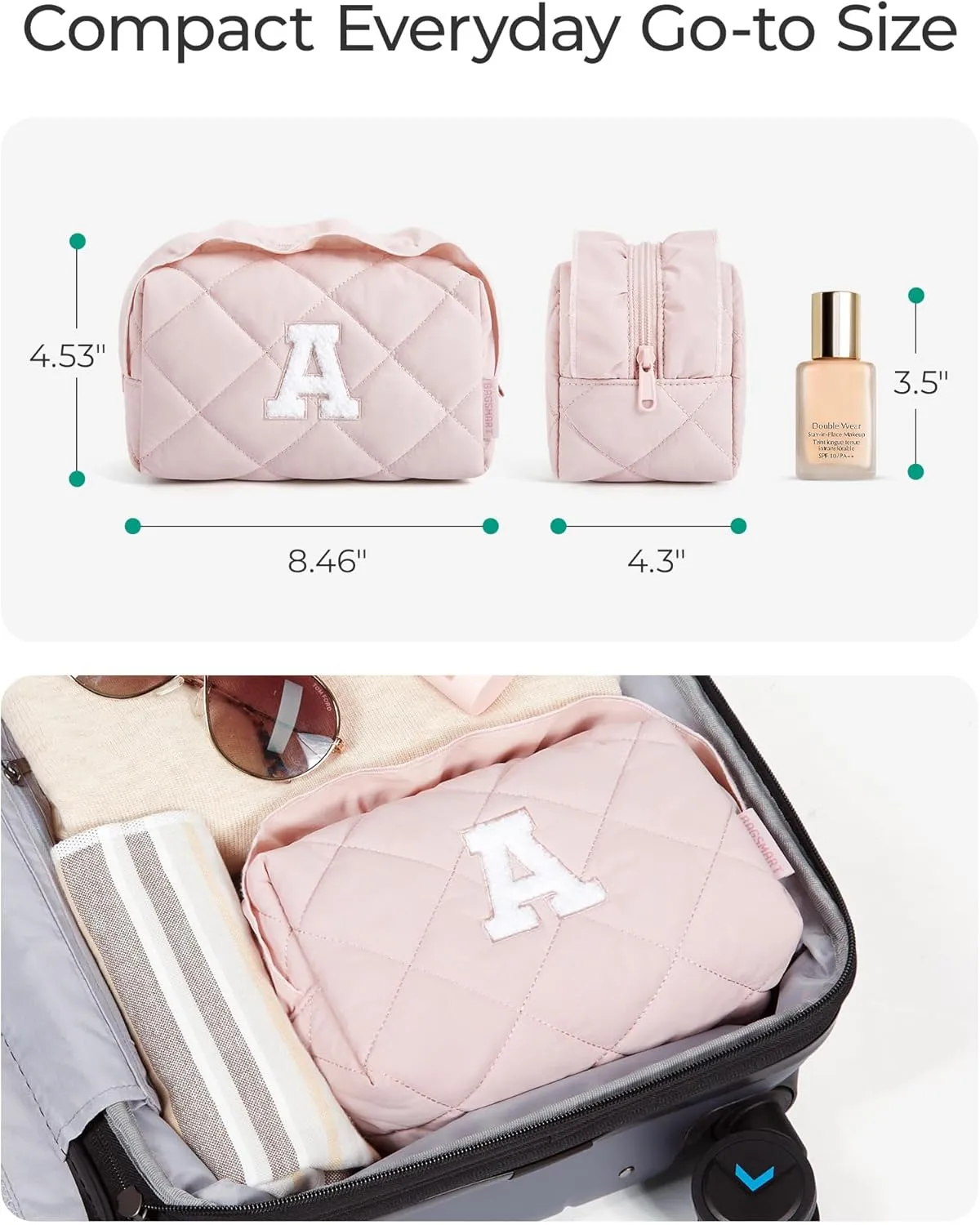 BAGSMART Small Makeup Bag, Travel Personalized Initial Cosmetic Bags for Women, Pink Makeup Pouch, Make up Organizer Case, Puffy Pouch Purse, Travel Essentials, Toiletries Accessories Brushes(M, Pink)