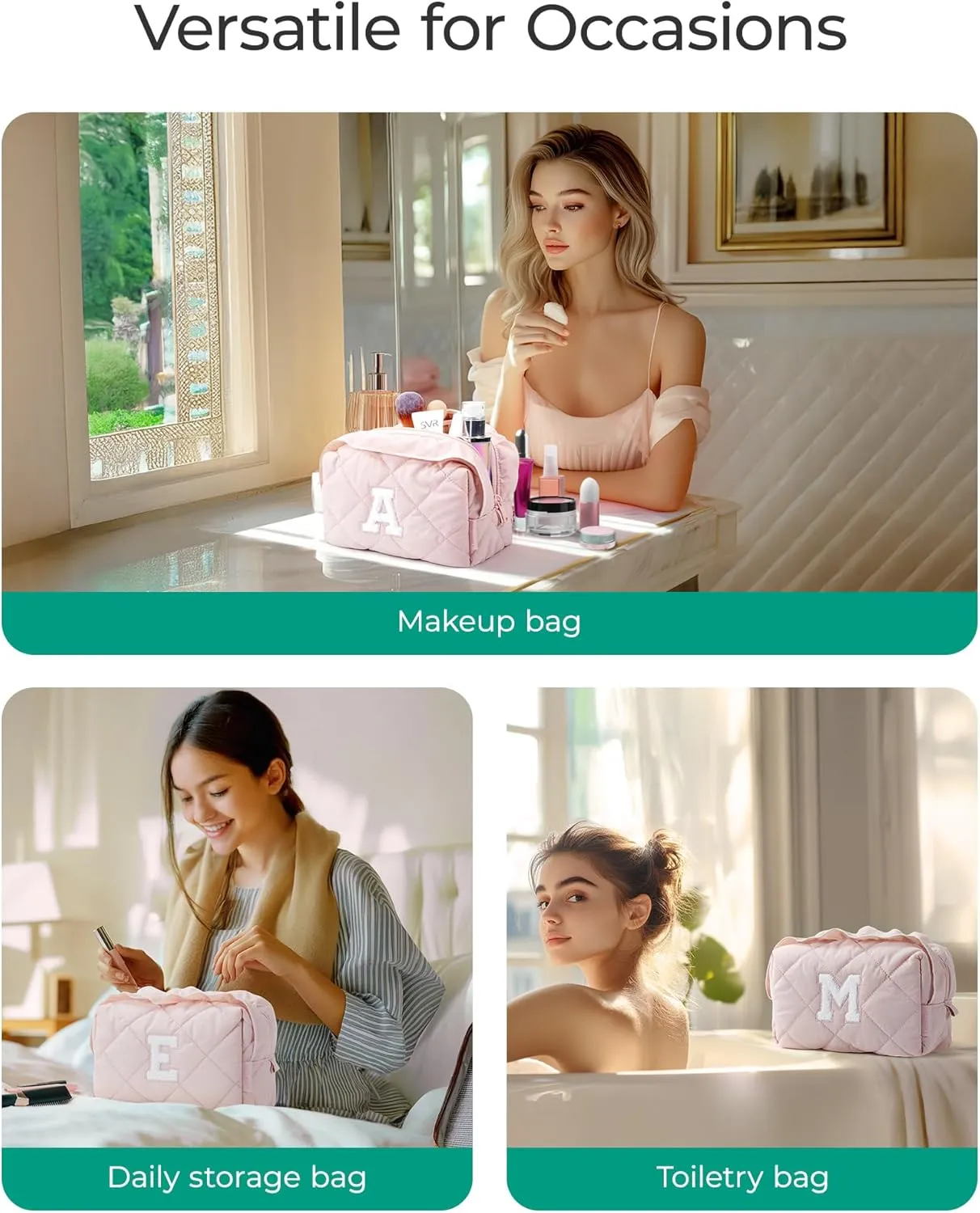 BAGSMART Small Makeup Bag, Travel Personalized Initial Cosmetic Bags for Women, Pink Makeup Pouch, Make up Organizer Case, Puffy Pouch Purse, Travel Essentials, Toiletries Accessories Brushes(M, Pink)