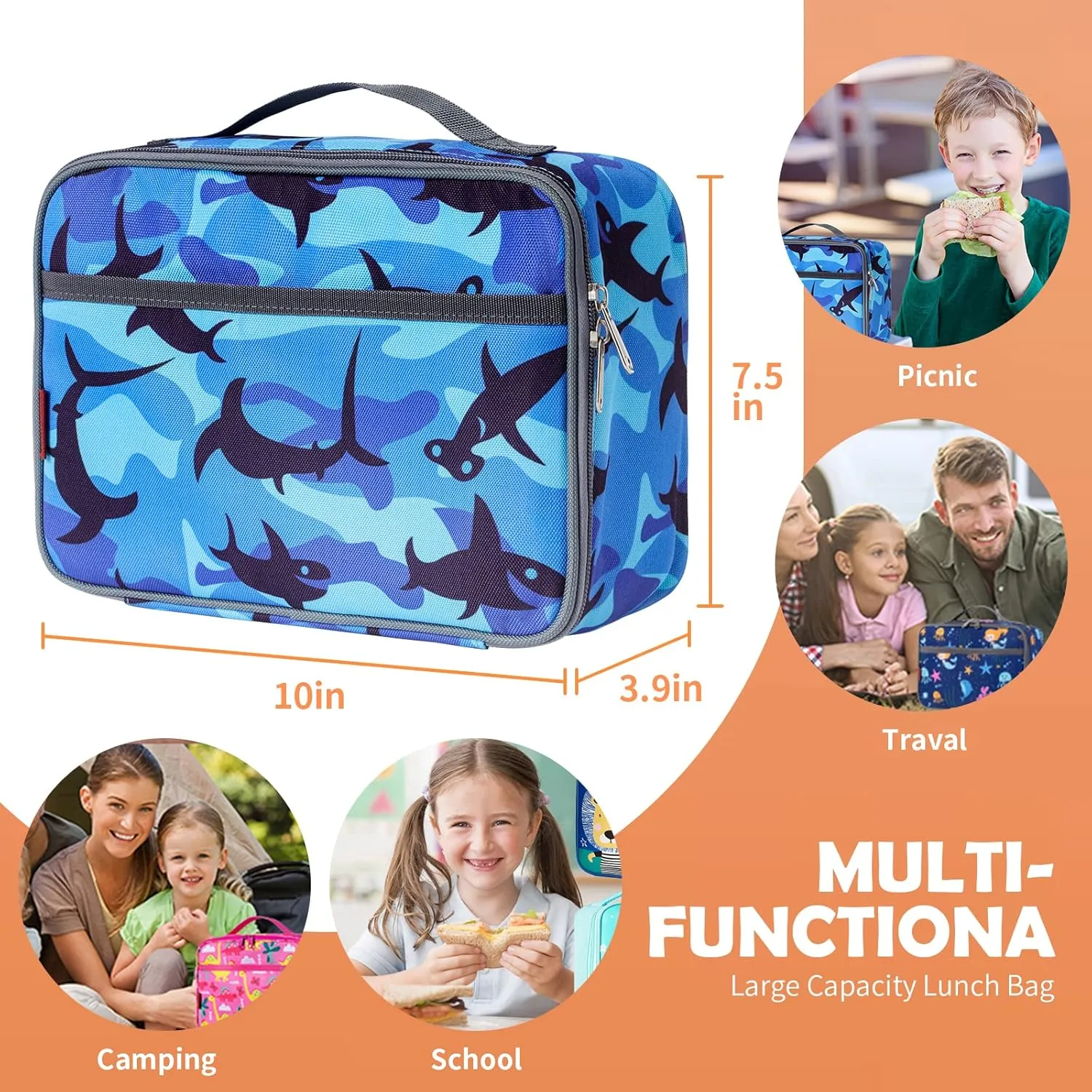 Blue Lunch Bag Shark lover, Insulated Lunch Bag For Lunch Box,Cute Lunch Bag Small Lunch Box Men,Soft Bag Mini Cooler Back To,Wide Open Lunchbag Tote With Pocket,Cartoon Lunch Box for Teen