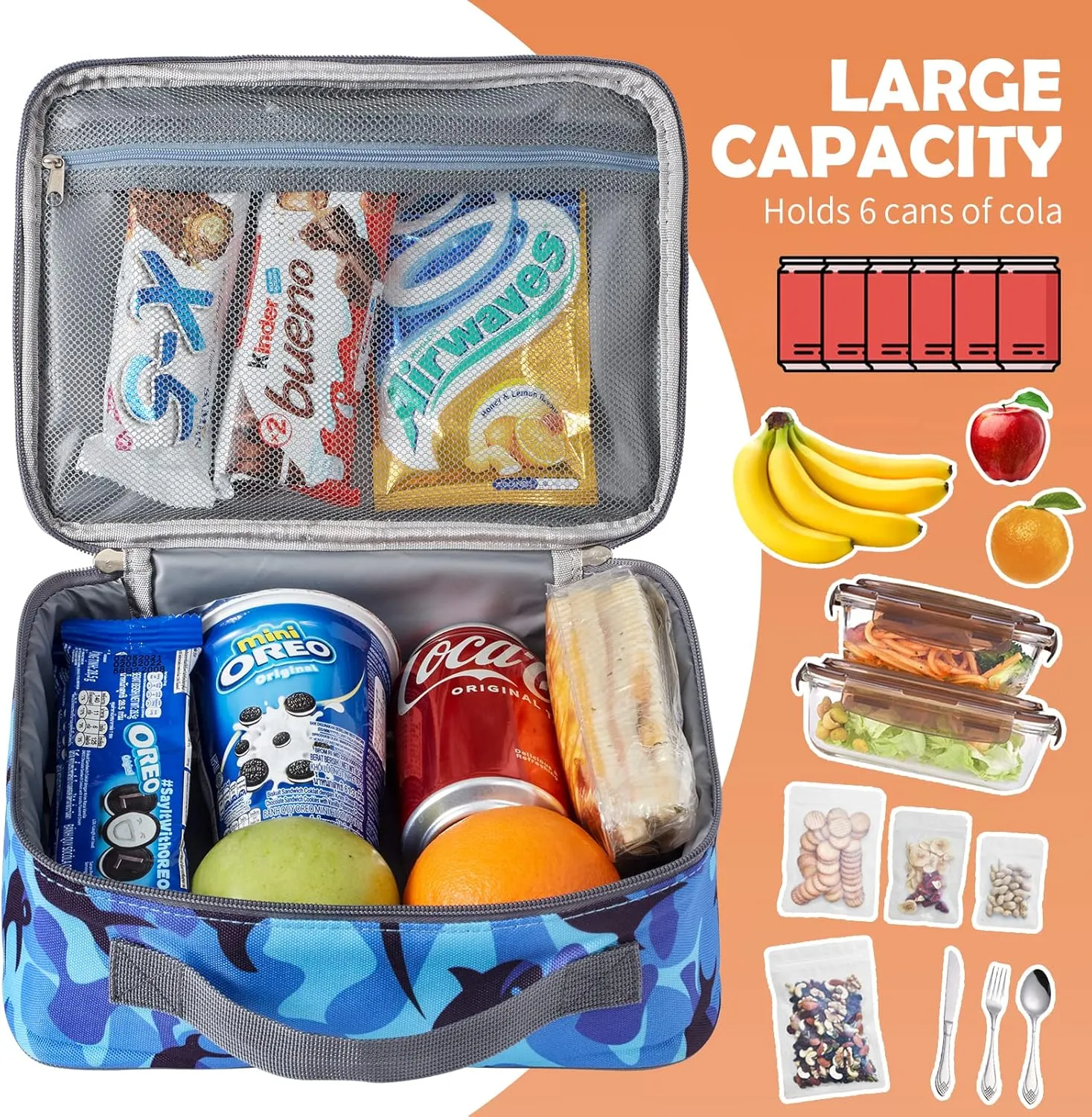 Blue Lunch Bag Shark lover, Insulated Lunch Bag For Lunch Box,Cute Lunch Bag Small Lunch Box Men,Soft Bag Mini Cooler Back To,Wide Open Lunchbag Tote With Pocket,Cartoon Lunch Box for Teen