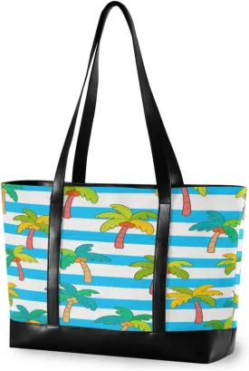 Blue White Striped Coconut Palm essentials bag for women with zipper womens tote for nurses with bolsos para mujeres