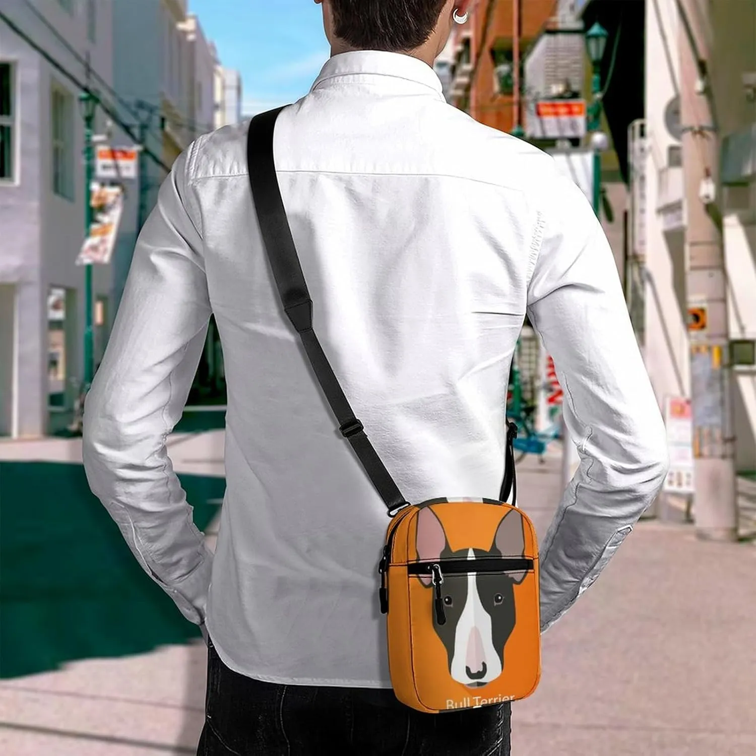 Bull Terrier Dog On Orange Adjustable Fanny Waist Pack Pouch, Waterproof Crossbody Runners Bag Wallet for Gym Hiking Fitness Women Men 6.1 x 2.2 x 7.9 inch