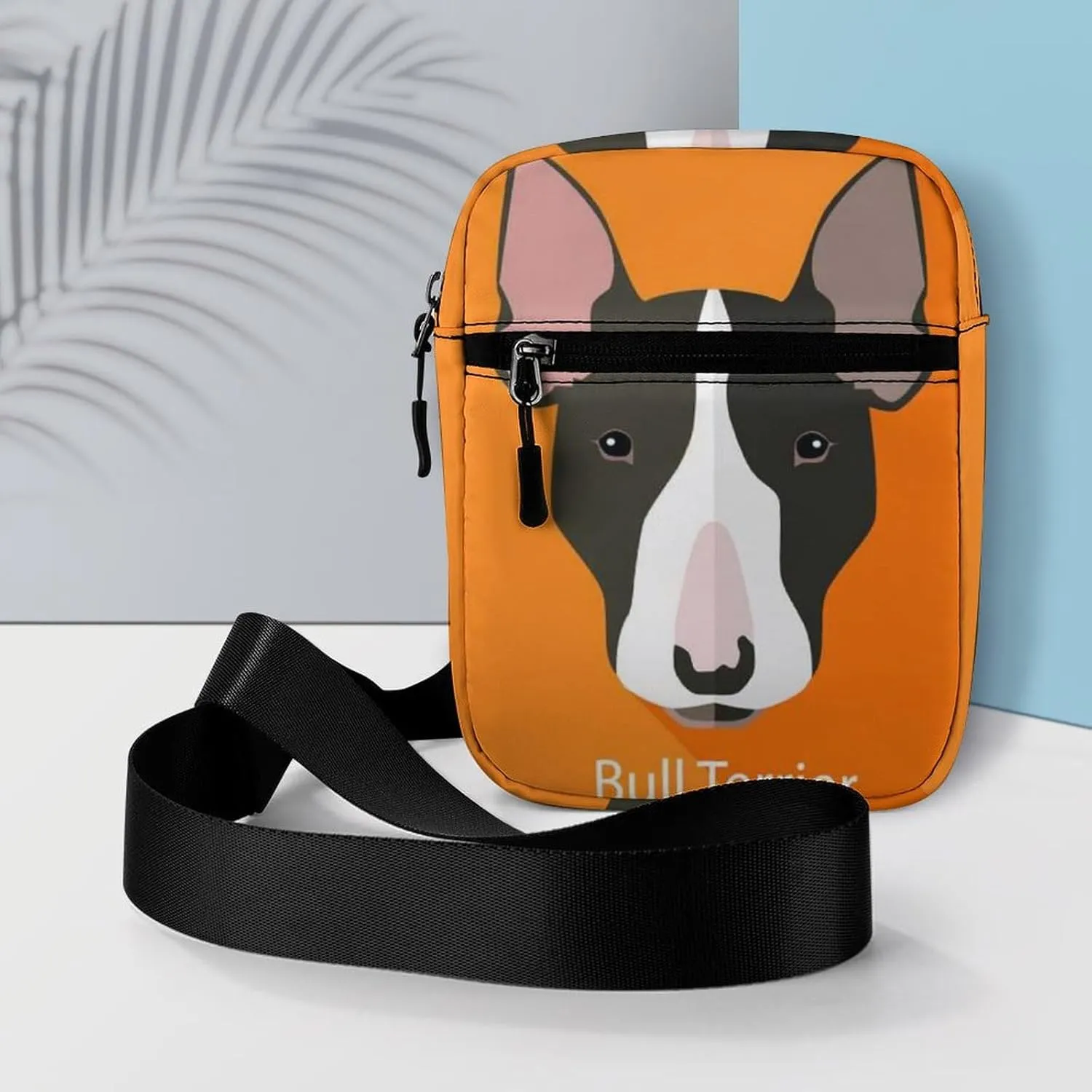 Bull Terrier Dog On Orange Adjustable Fanny Waist Pack Pouch, Waterproof Crossbody Runners Bag Wallet for Gym Hiking Fitness Women Men 6.1 x 2.2 x 7.9 inch