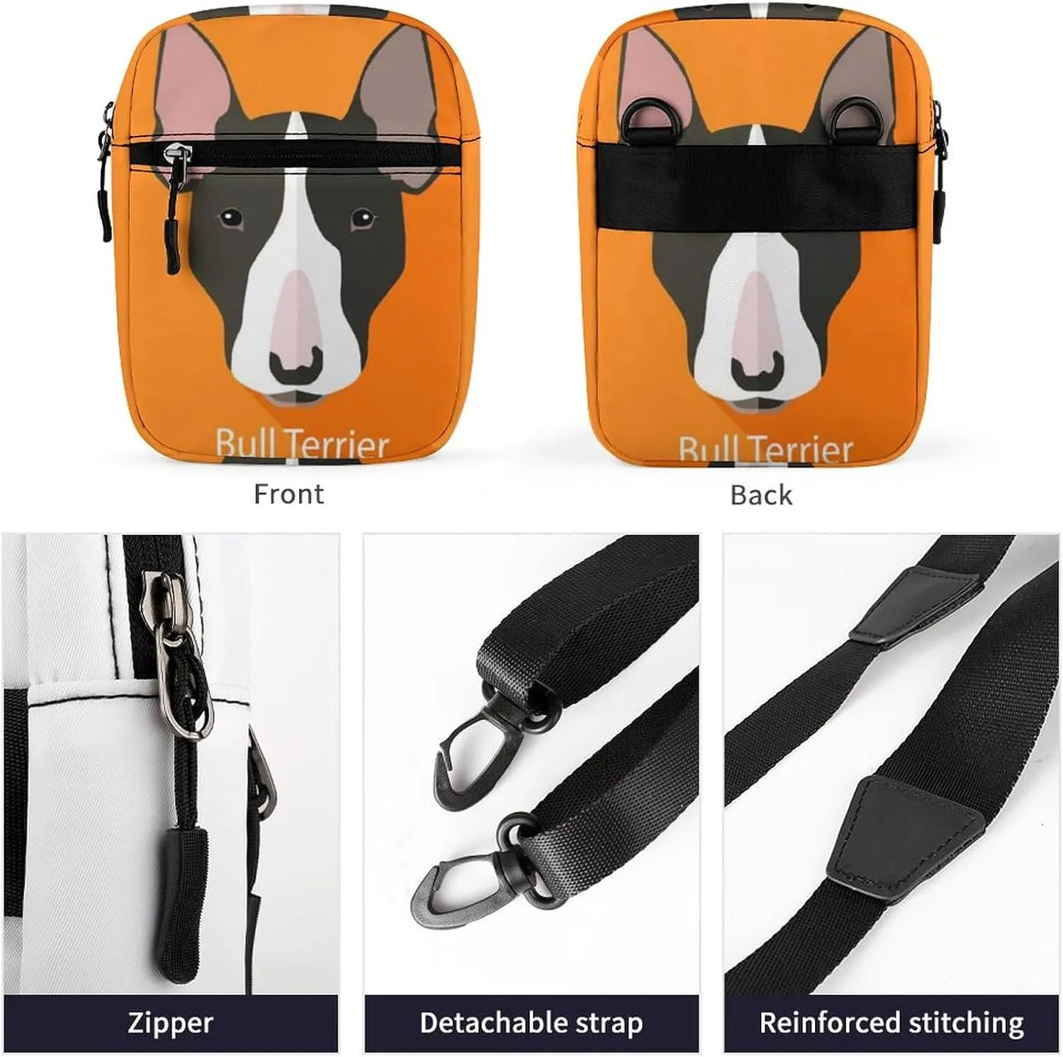Bull Terrier Dog On Orange Adjustable Fanny Waist Pack Pouch, Waterproof Crossbody Runners Bag Wallet for Gym Hiking Fitness Women Men 6.1 x 2.2 x 7.9 inch