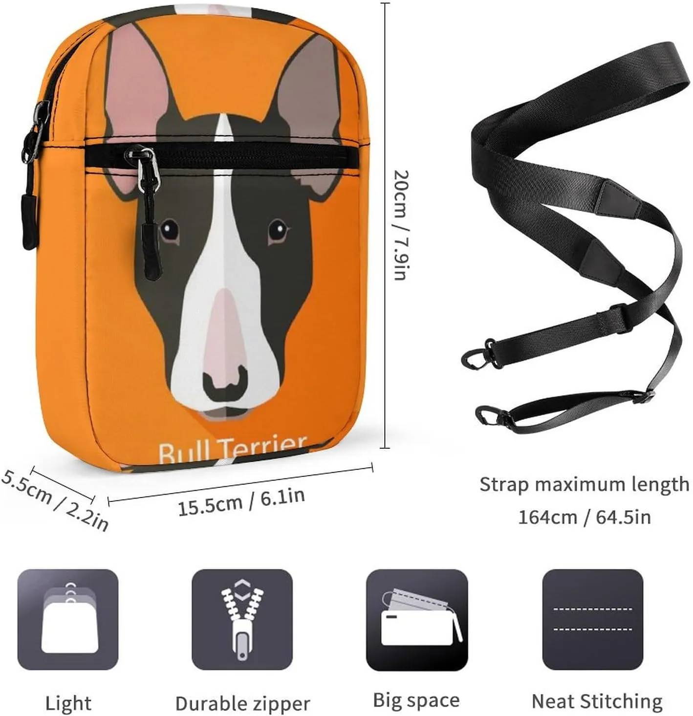 Bull Terrier Dog On Orange Adjustable Fanny Waist Pack Pouch, Waterproof Crossbody Runners Bag Wallet for Gym Hiking Fitness Women Men 6.1 x 2.2 x 7.9 inch