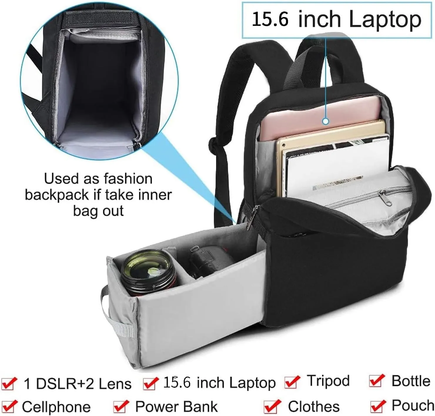 CADeN Camera Backpack Bag with 15.6 Inches Laptop Compartment and Tripod Holders, Waterproof Camera Case for DSLR/SLR Mirrorless Camera Large Capacity, Camera Case Compatible for Canon Sony Nikon