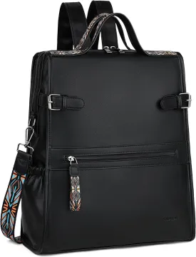 FADEON Leather Laptop Backpack for Women, Designer Ladies Work Travel Computer Backpack with Laptop Compartment Purse Black