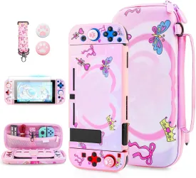 FUNDIARY Cute for Princess Peach Carrying Case Compatible with Nintendo Switch, Pink Travel Case Bag Bundle for Switch Console with Soft TPU Cover, Shoulder Strap, Screen Protector and 2 Thumb Caps