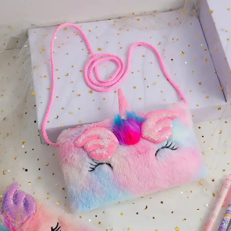Girls Cute Sequin Plush Unicorn Tie Dye Bag