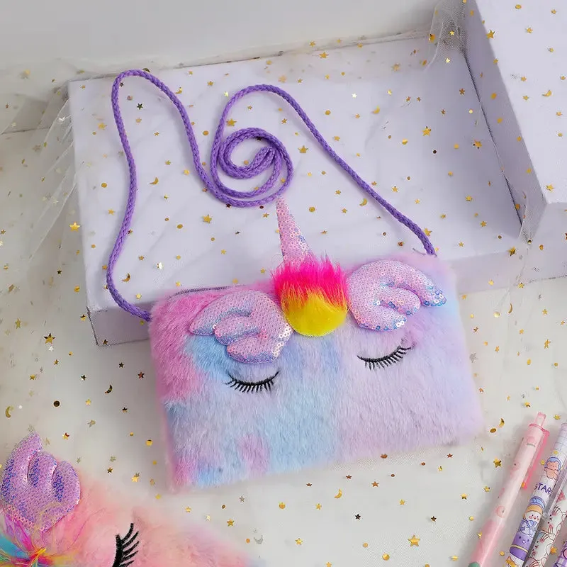 Girls Cute Sequin Plush Unicorn Tie Dye Bag