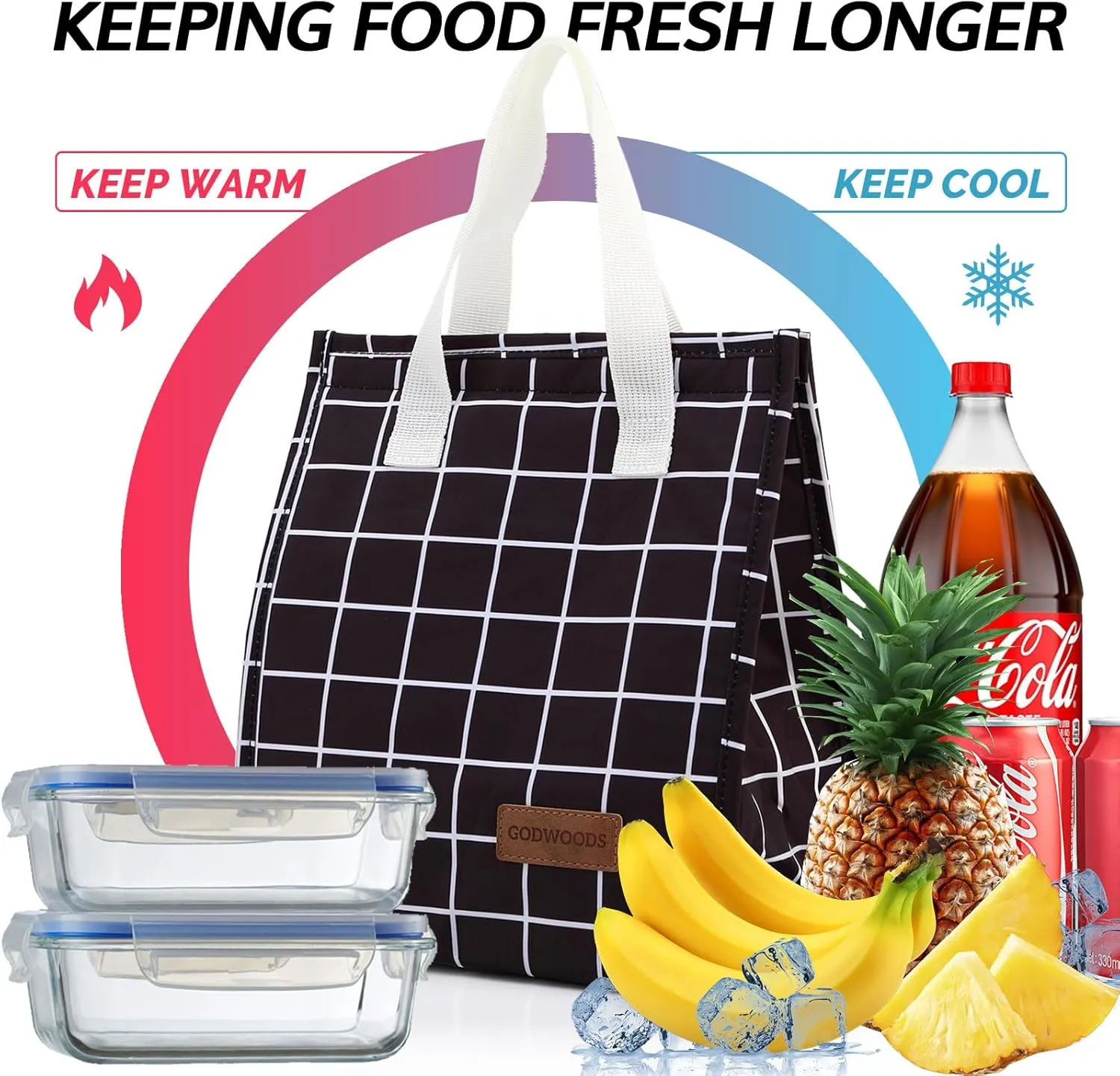 Insulated Lunch Bag for Women Men Large Lunch Box Container Reusable Leakproof Tote for Office, Work, Beach or Travel (Black Grid)