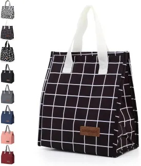 Insulated Lunch Bag for Women Men Large Lunch Box Container Reusable Leakproof Tote for Office, Work, Beach or Travel (Black Grid)