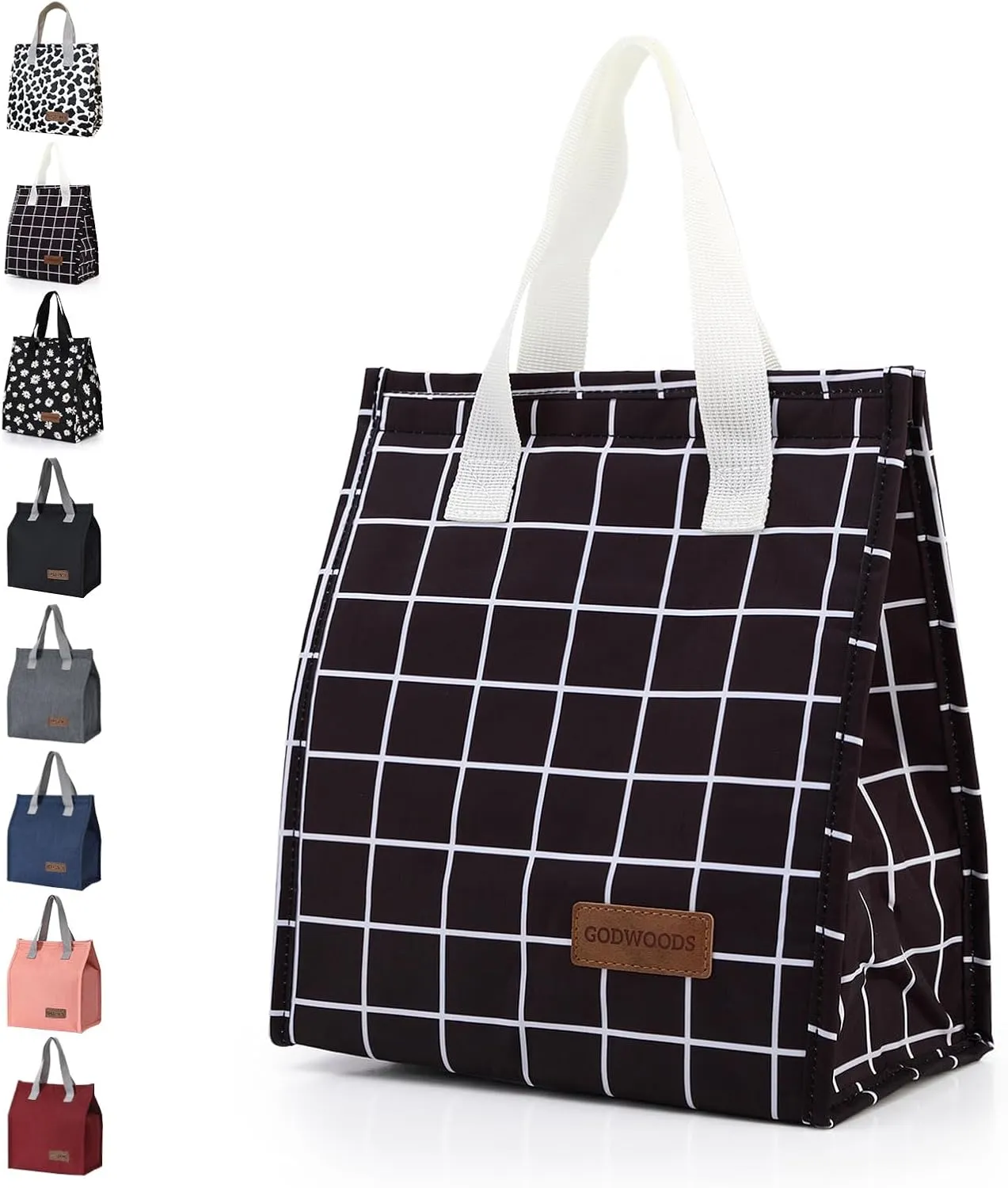 Insulated Lunch Bag for Women Men Large Lunch Box Container Reusable Leakproof Tote for Office, Work, Beach or Travel (Black Grid)