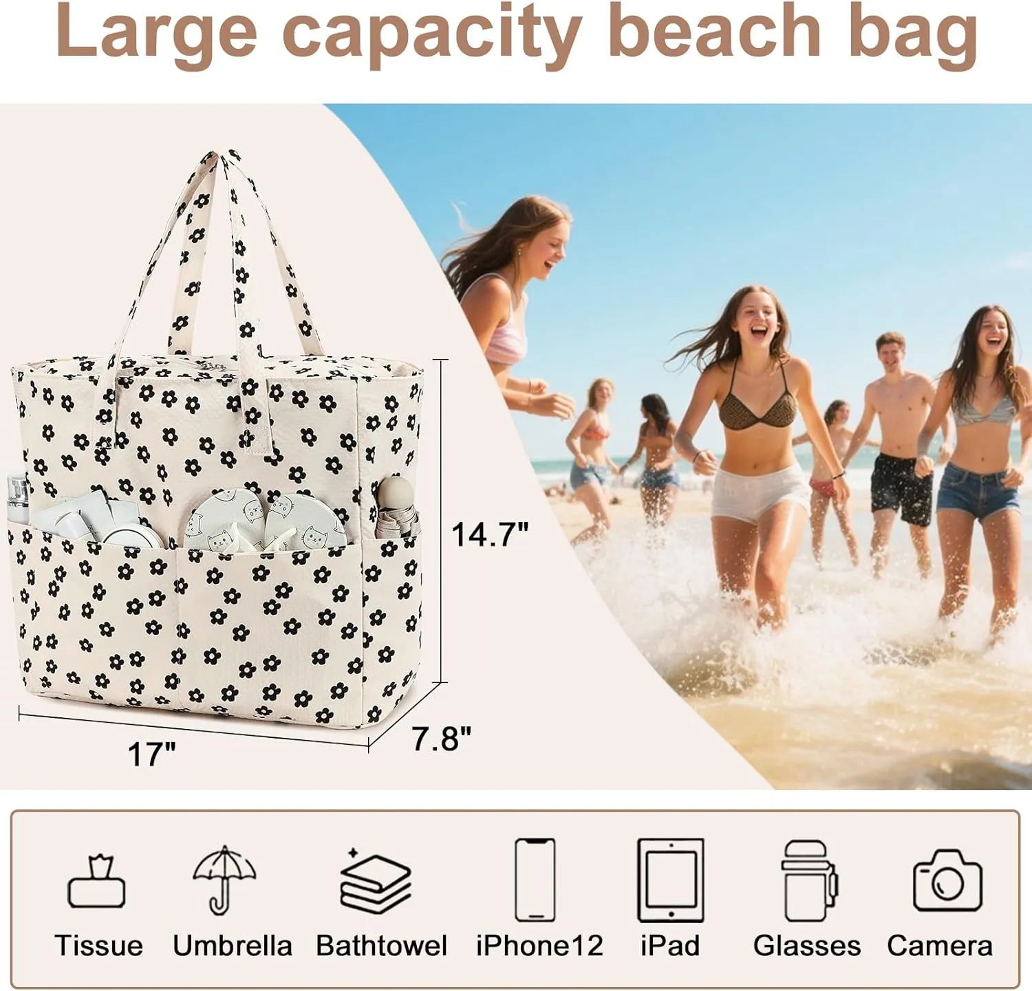LEDAOU Beach Bag Waterproof Sandproof Women Tote Bag Pool Bag with Zipper for Gym Grocery Travel with Wet Pocket