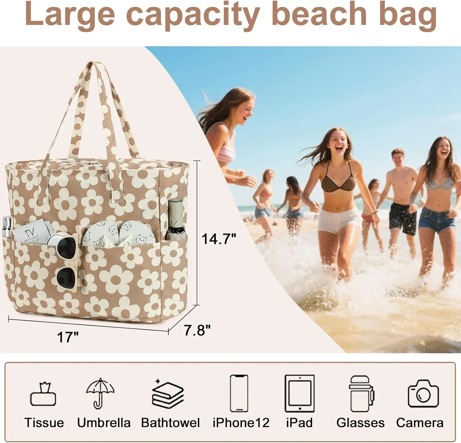 LEDAOU Beach Bag Waterproof Sandproof Women Tote Bag Pool Bag with Zipper for Gym Grocery Travel with Wet Pocket