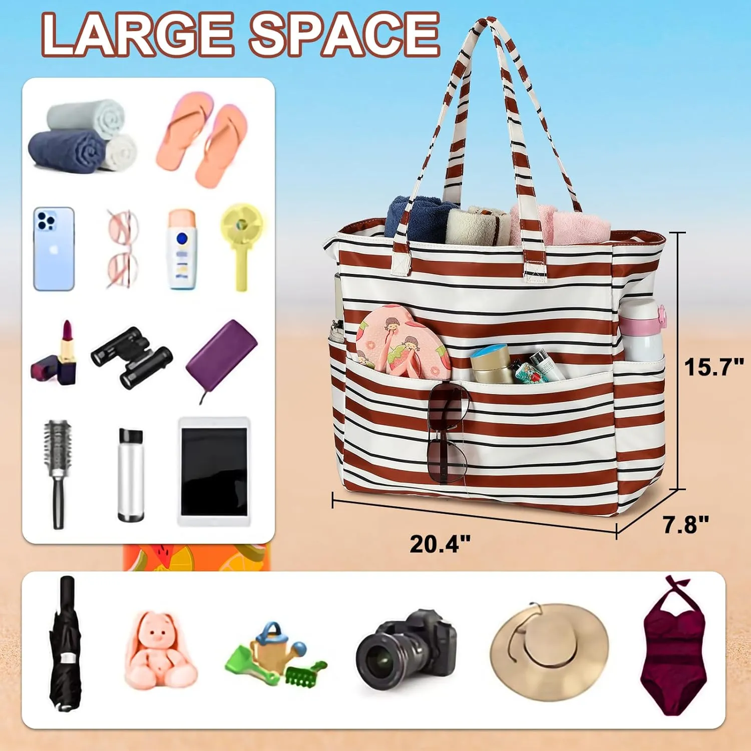 LEDAOU Large Beach Tote Bag Women Waterproof Sandproof Zipper Beach Tote Bag for Pool Gym Grocery Travel with Wet Pocket