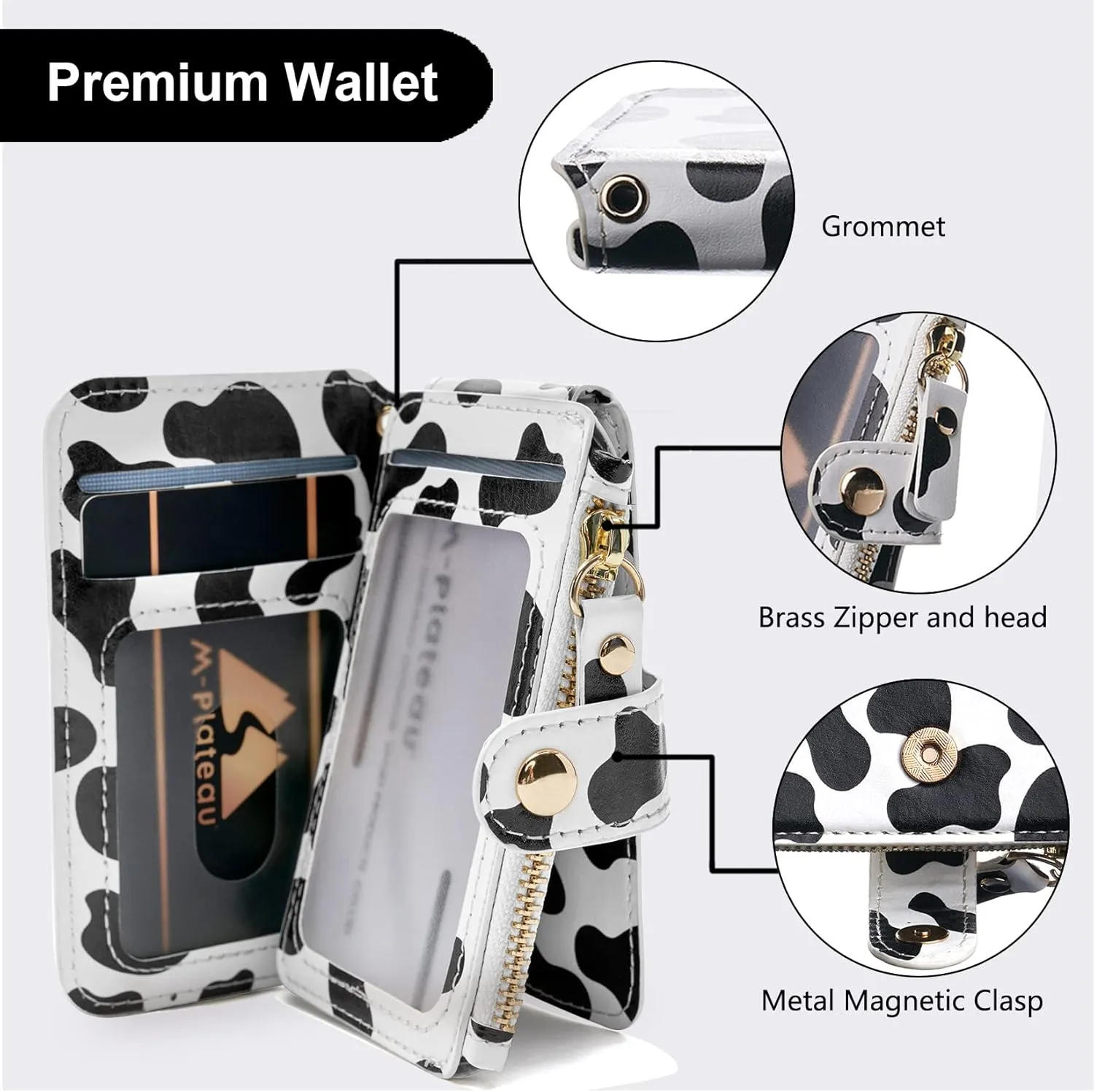 M-Plateau Wallet Women, Wallet Small Leather Zipper Card Holder with Removable Wrist ID Window Gift Box (Cow Print)