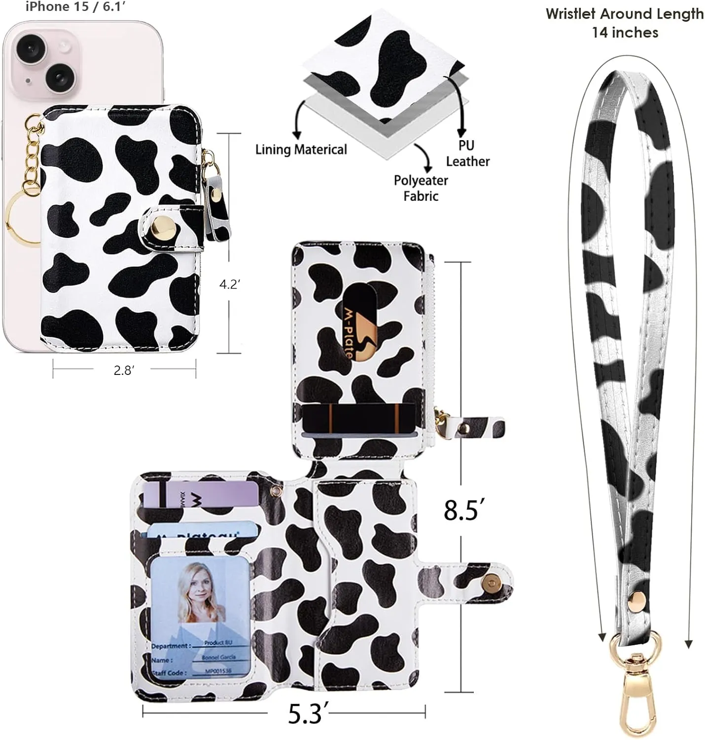 M-Plateau Wallet Women, Wallet Small Leather Zipper Card Holder with Removable Wrist ID Window Gift Box (Cow Print)