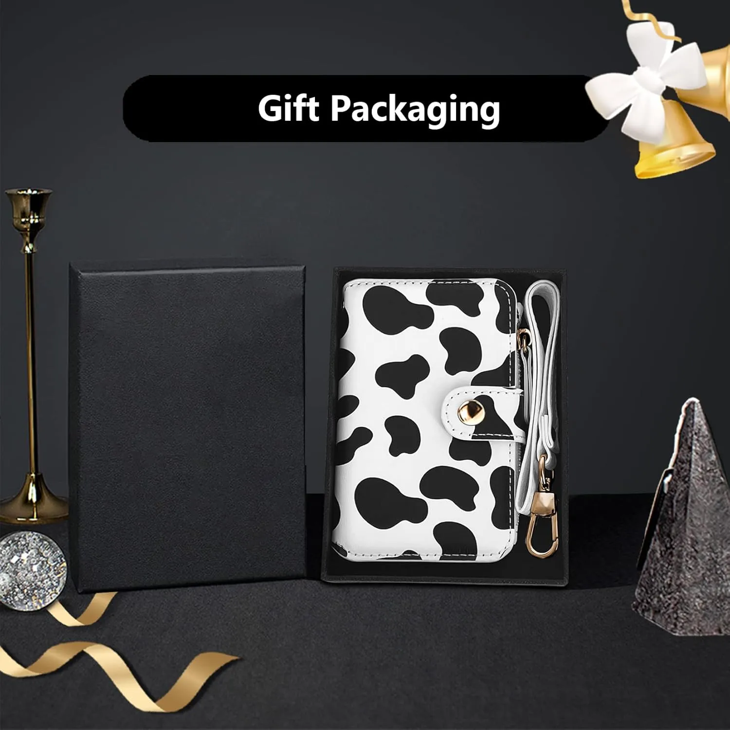 M-Plateau Wallet Women, Wallet Small Leather Zipper Card Holder with Removable Wrist ID Window Gift Box (Cow Print)