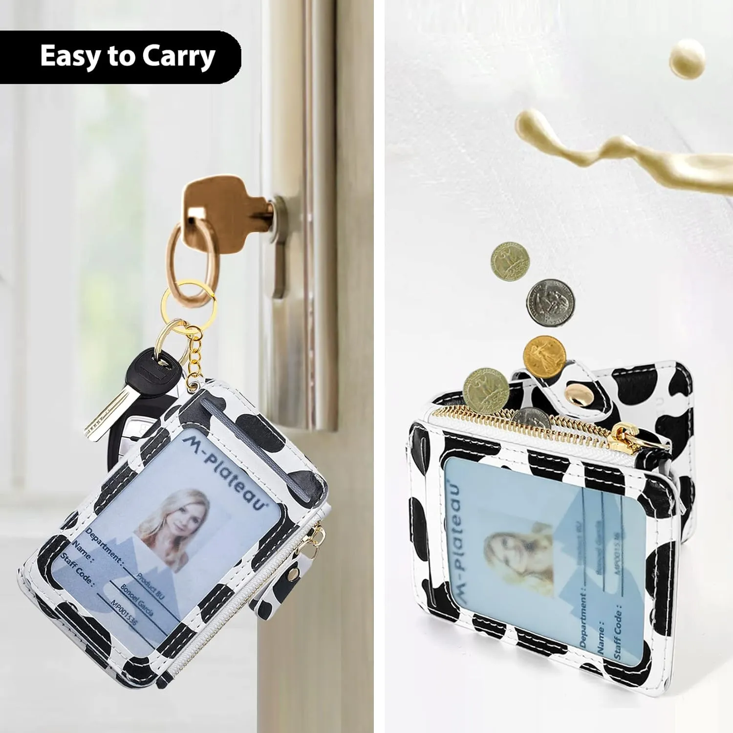 M-Plateau Wallet Women, Wallet Small Leather Zipper Card Holder with Removable Wrist ID Window Gift Box (Cow Print)