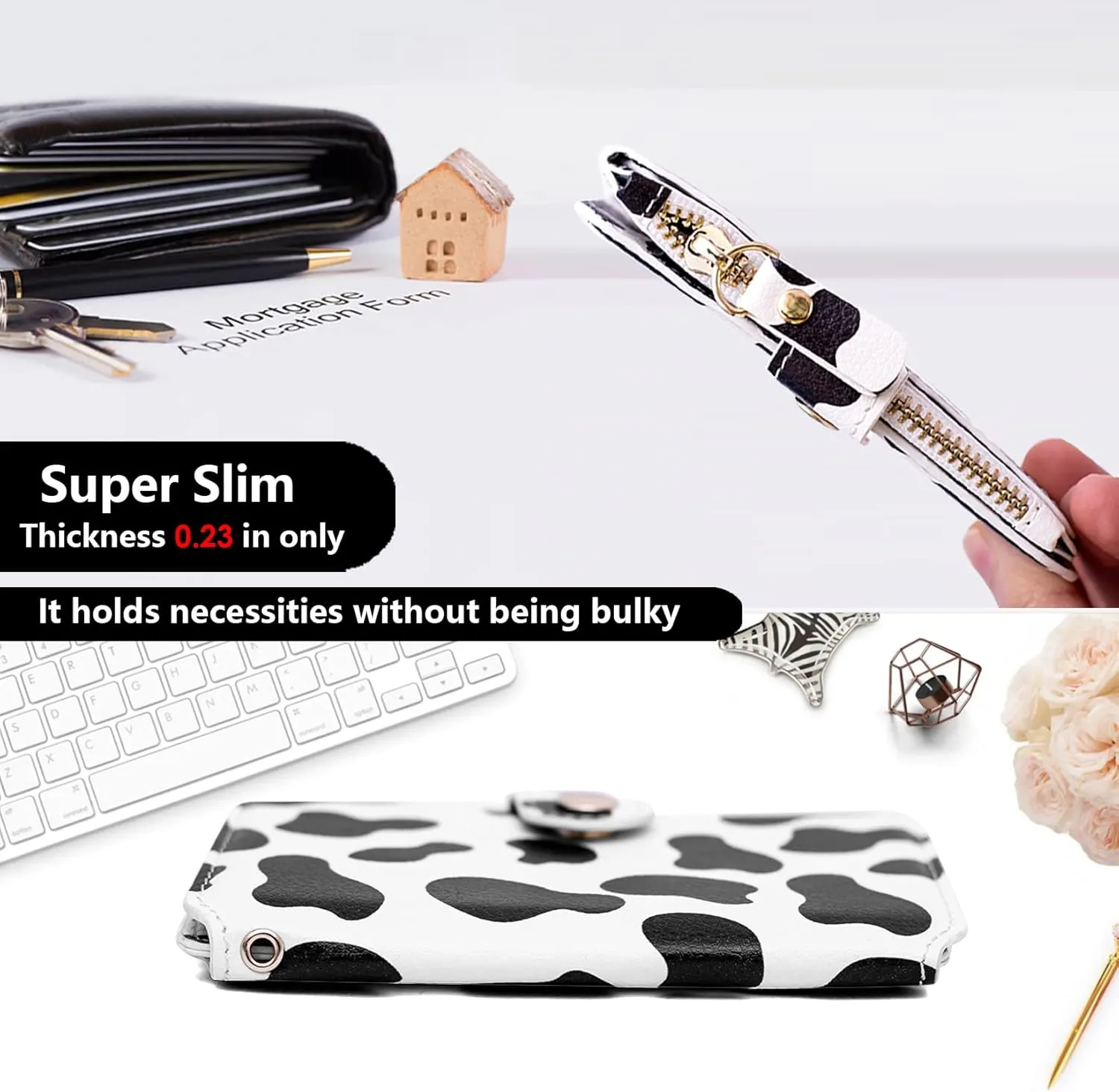 M-Plateau Wallet Women, Wallet Small Leather Zipper Card Holder with Removable Wrist ID Window Gift Box (Cow Print)