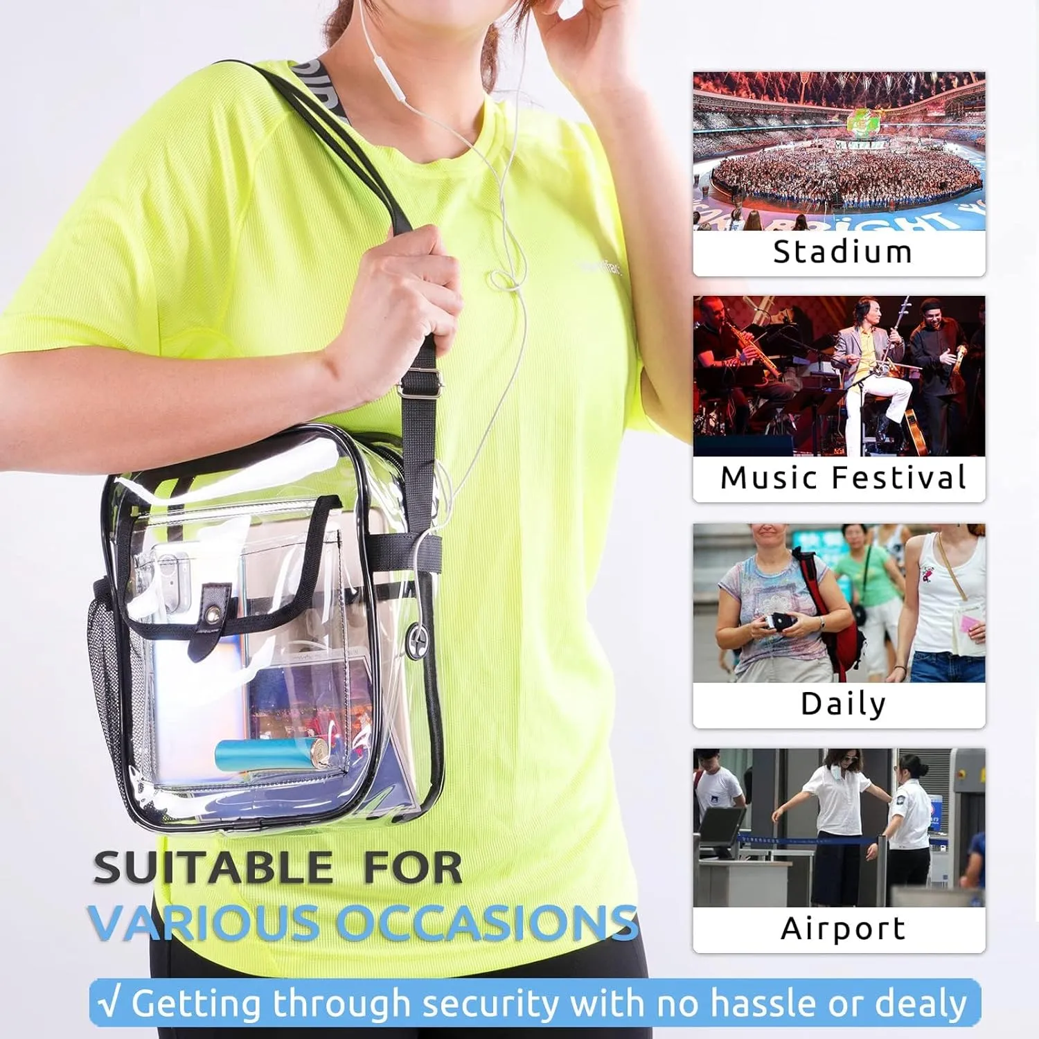 SPODEARS Clear Crossbody Bag for Stadium Events & Concerts - Adjustable Shoulder Strap Purse with 1 Bottle Holder