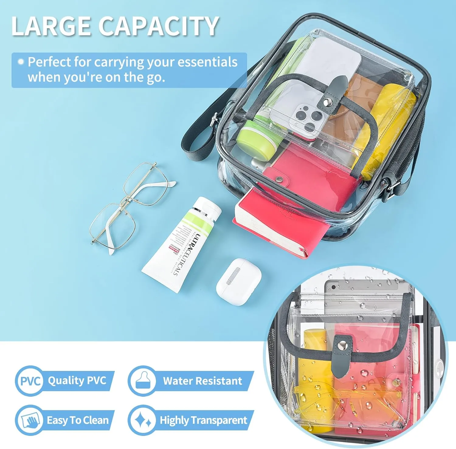 SPODEARS Clear Crossbody Bag for Stadium Events & Concerts - Adjustable Shoulder Strap Purse with 1 Bottle Holder