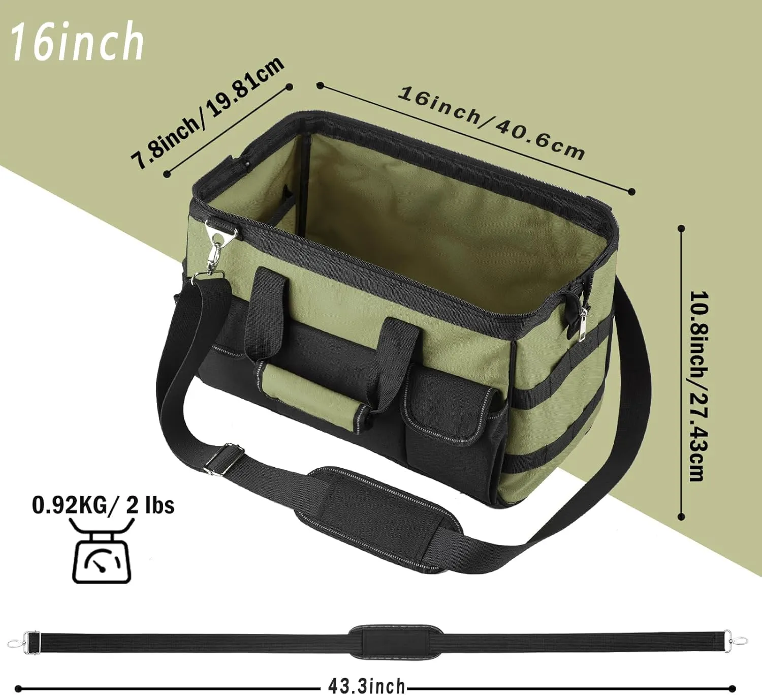 Tool Bag, 16 Inch Foldable Open Top Organizer for Easy Tool Access, Water-Resistant Construction, Electrician Tool Bag with Handle & Padded Adjustable Strap, Green