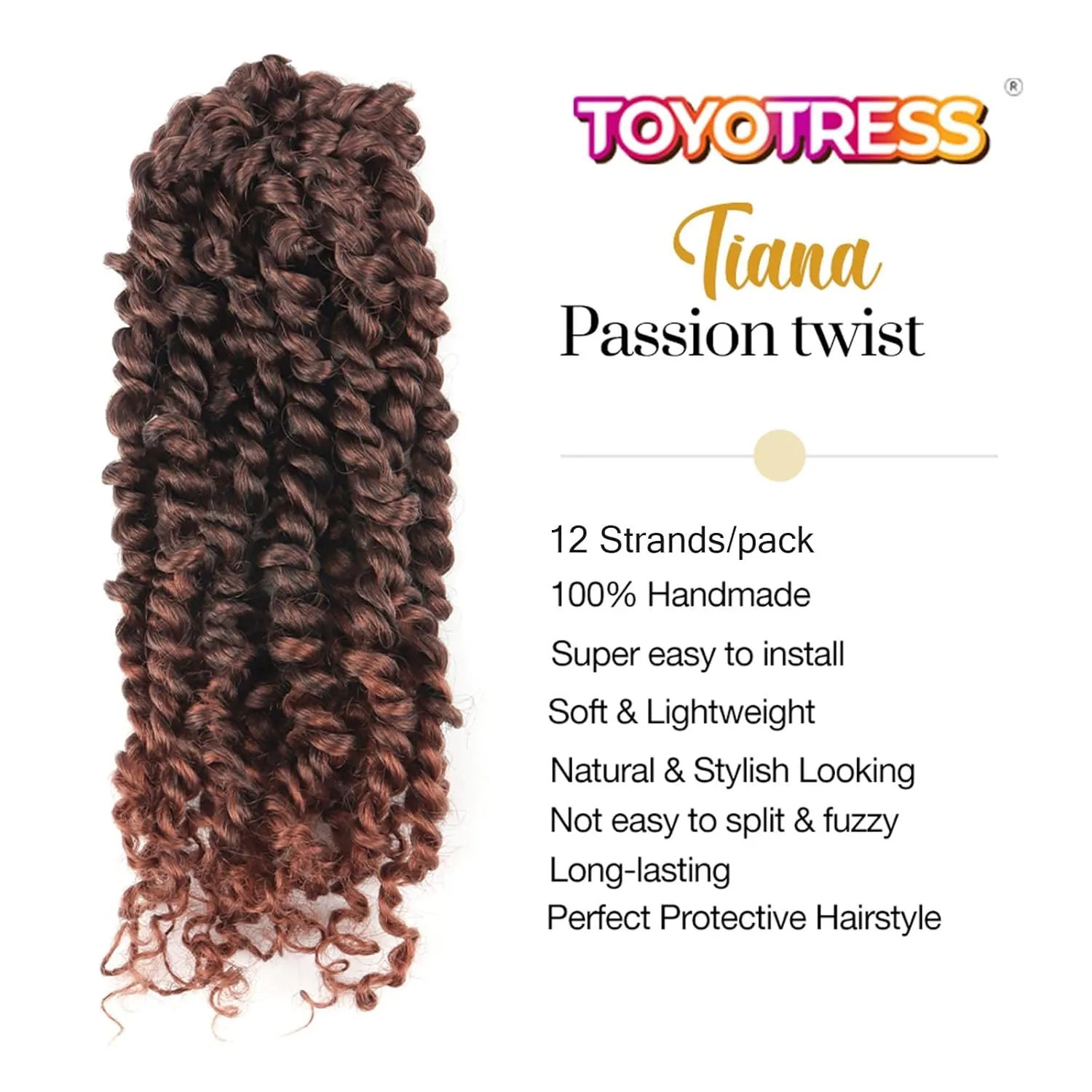 ToyoTress Tiana Passion Twist Hair - 14 Inch 8 Packs Ombre Brown Pre-Looped Pre-Twisted Passion Twists Crochet Braids Made Of Bohemian Hair Synthetic Braiding Hair Extension (14 Inch, T30-8P)