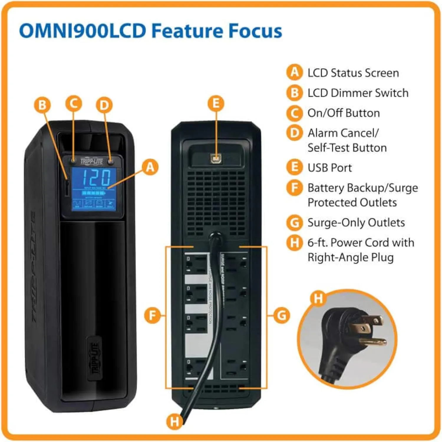 Tripp Lite 900VA UPS Battery Back Up, 475W Tower, LCD Display, AVR, USB (OMNI900LCD)