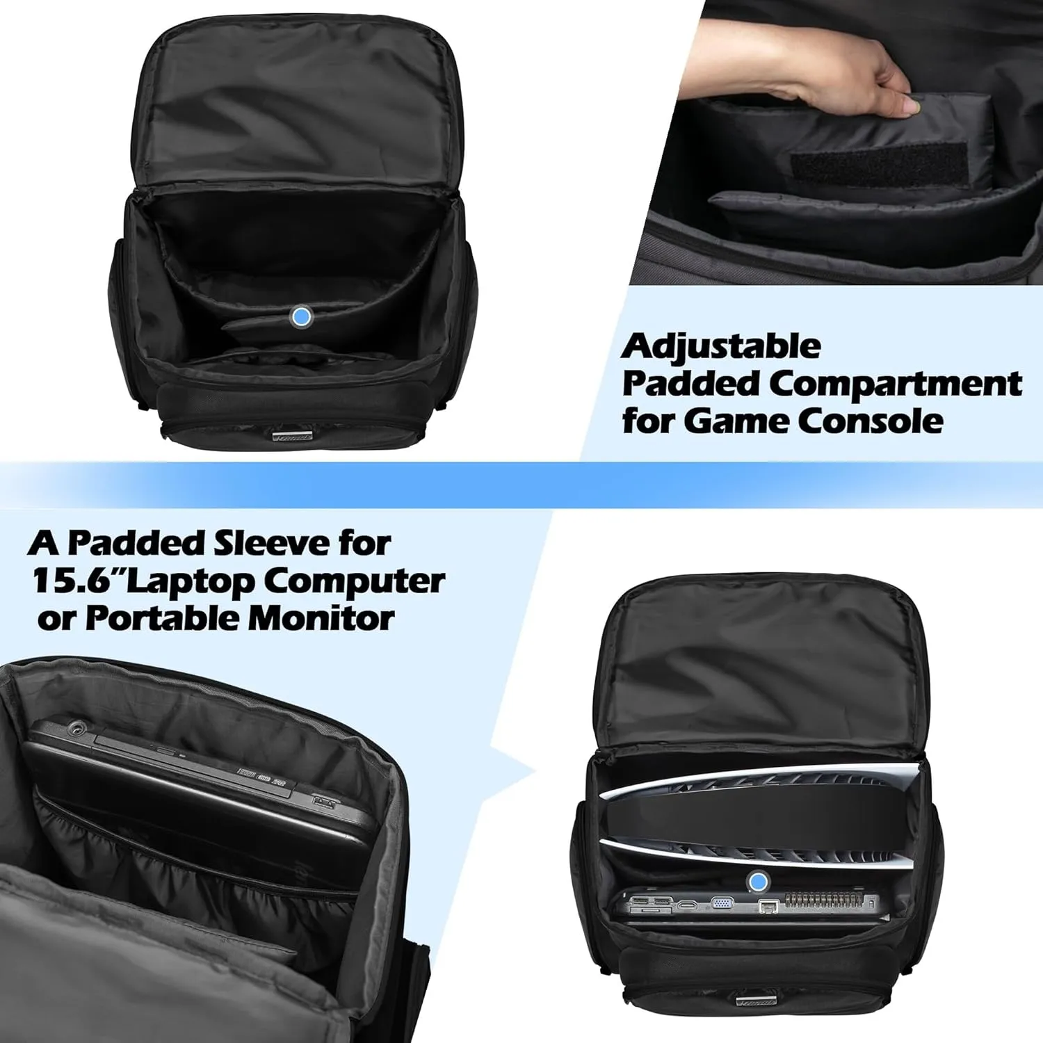 Trunab Gaming Console Backpack Compatible with Playstation 5 / PS5 Slim / PS4 / Xbox One, Travel Carrying Bag with Multiple Pockets for 15.6” Laptop and Gaming Accessories