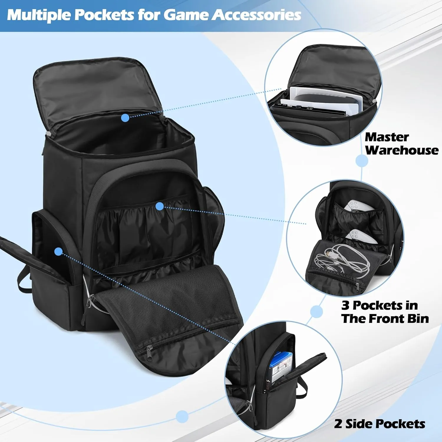 Trunab Gaming Console Backpack Compatible with Playstation 5 / PS5 Slim / PS4 / Xbox One, Travel Carrying Bag with Multiple Pockets for 15.6” Laptop and Gaming Accessories