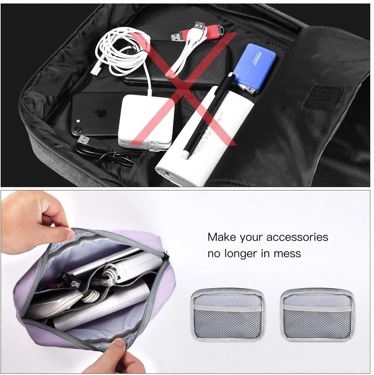 Universal Electronics Accessories Bag Pouch, 2-Pack Portable Soft Carrying Case Bag Wire Cable Organizer for Hard Drive, Power Adapter, Laptop Mouse, Cosmetics Kit, Cell Phone, Small Big-Purple