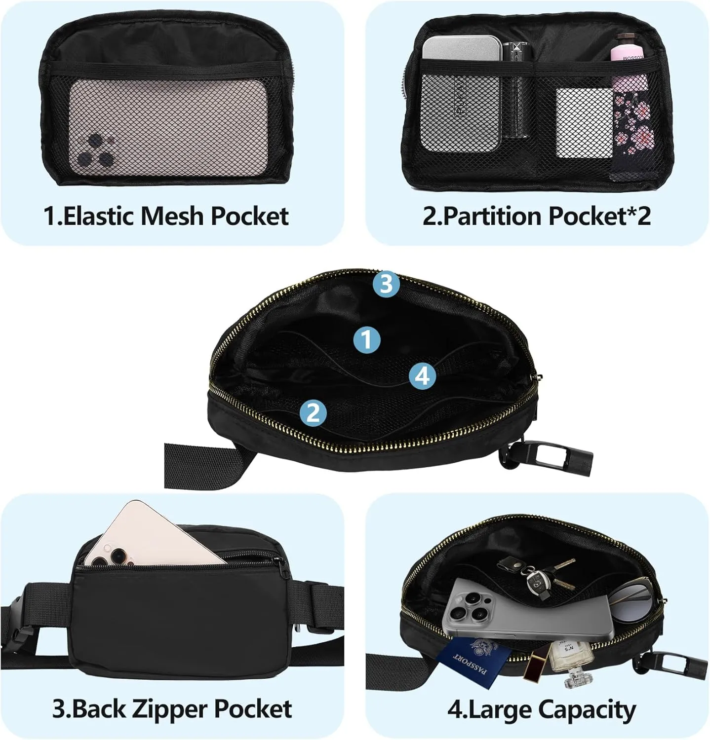 Waist Belt Bag Fashion Fanny Women and Men Gift Waist Pack With Adjustable Strap For Travel Running Hiking Walking Black